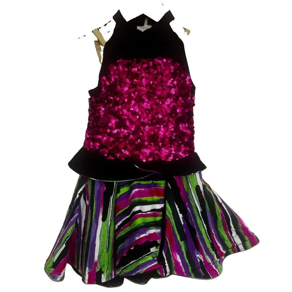 Revolution Dancewear Sequin Halter Dress Pink Multi Jazz Costume Child Medium